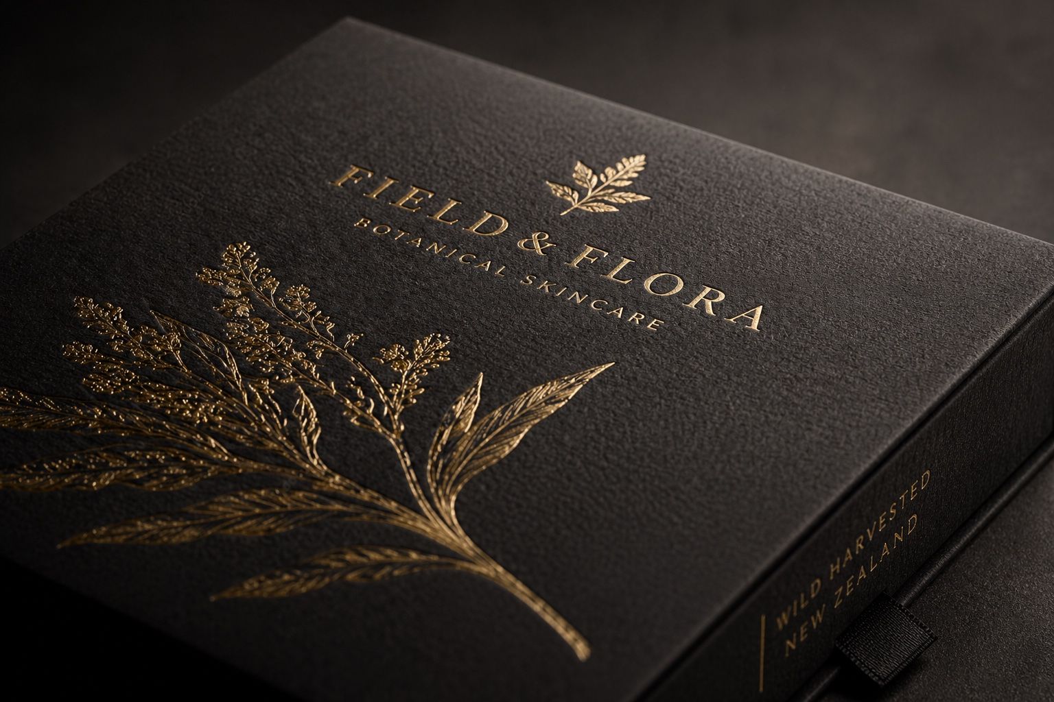 Gold foil pressed into a black uncoated business card, stamped on Lochiel's own hot-foil press.