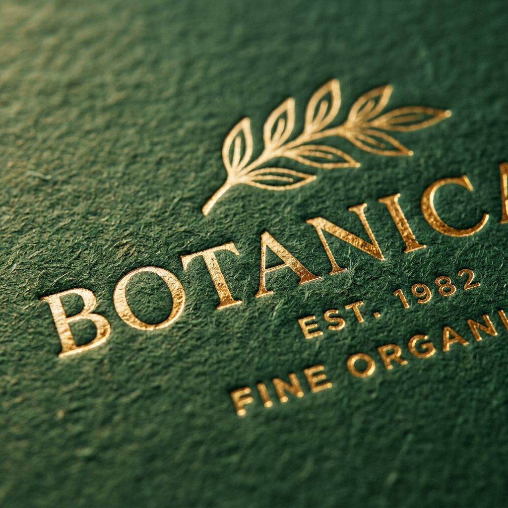 A black skincare carton with a gold foil stamped fern illustration, produced on Lochiel's own press.