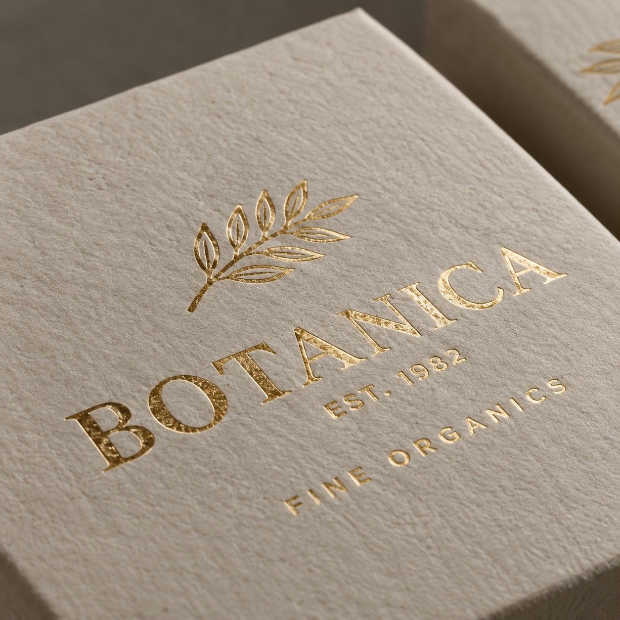 A textured stone-coloured carton lid with a gold foil stamped leaf and serif wordmark.